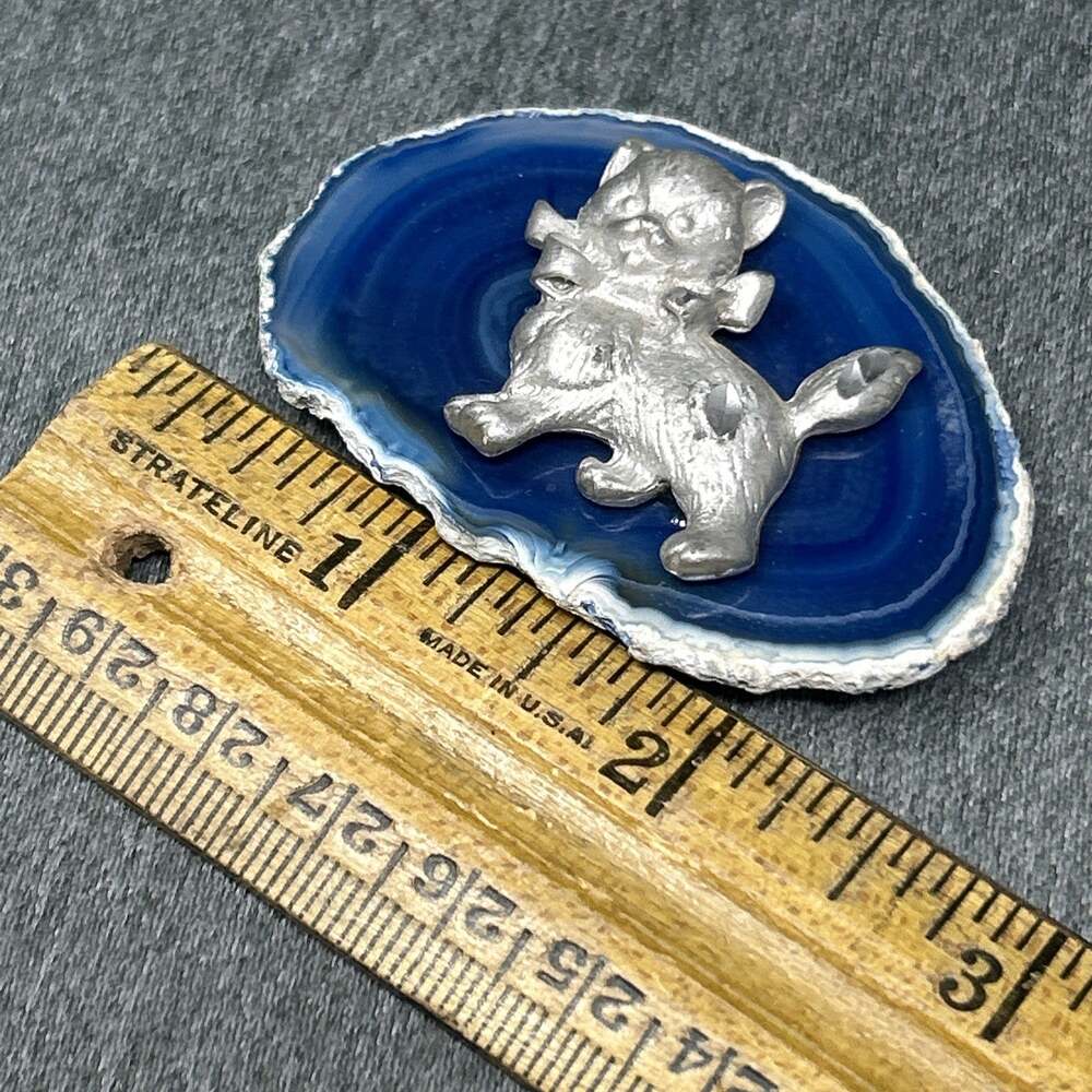 Vintage Pewter Cat Figurine on Blue Agate Slice Fridge Magnet Silver Blue READ